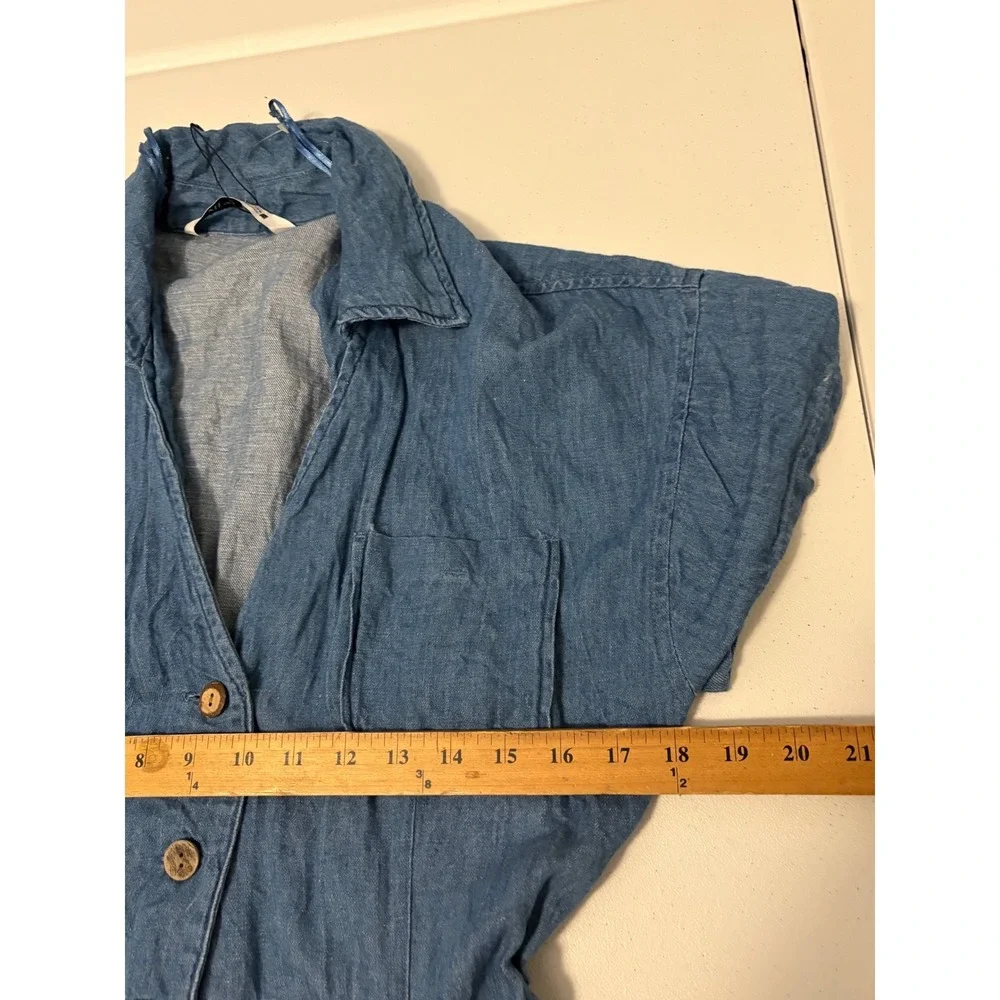 Zara Denim Linen Blend Wide Leg Jumpsuit Blue Short Sleeve Belted Medium d5